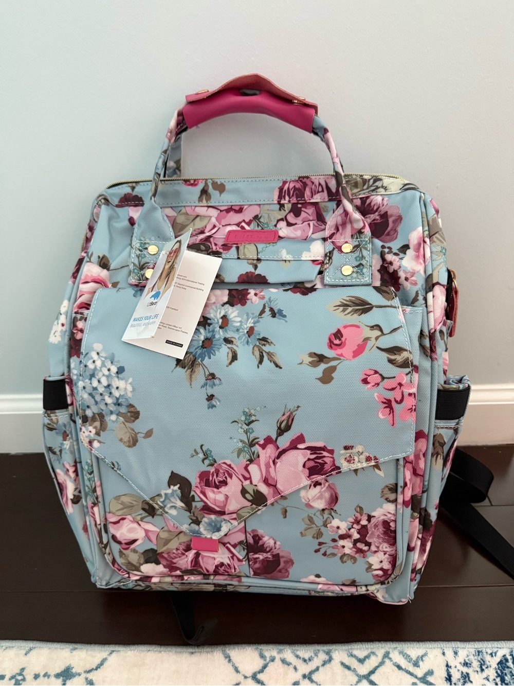 LitBear Floral Diaper Bag Backpack Tote in Light Blue and Pink - Women Bags